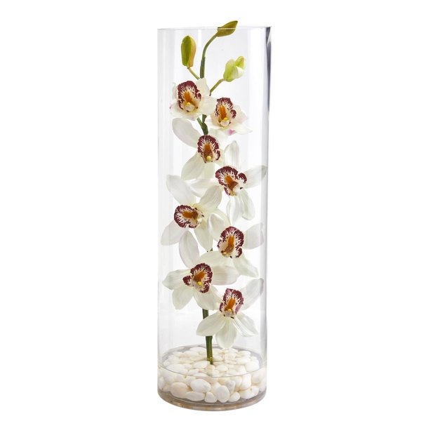 Nearly Naturals Cymbidium Orchid Artificial Arrangement in Tall Cylinder Vase - White 1710-WH